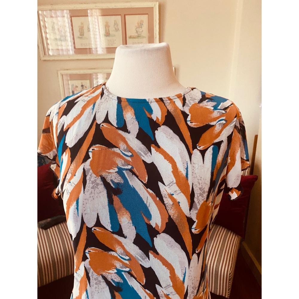 Ember dress med Brushstroke Flutter Sleeve Midi Rust Teal Blue Slit Mesh Overlay - Picture 3 of 7